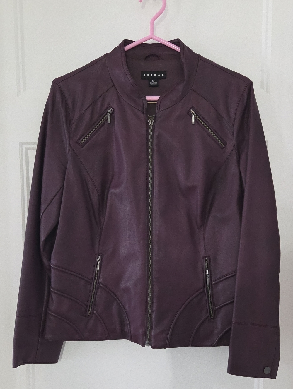 Tribal Plum Faux Leather Zip-Up Jacket